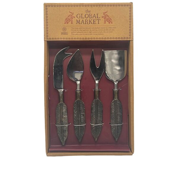 Handcrafted Global Market Brass Feather Cheese Knife Set of Four Brand New - Picture 1 of 2
